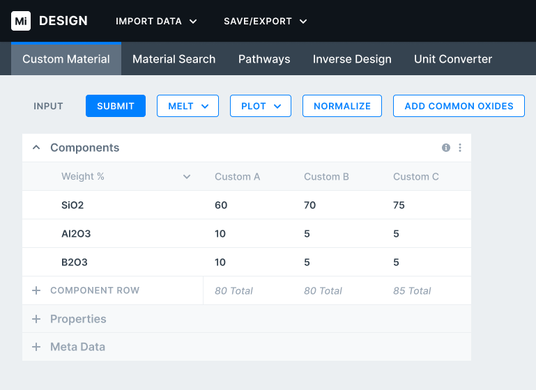 Created materials-composition input interface with components in rows and multiple candidate materials entered side by side in columns.