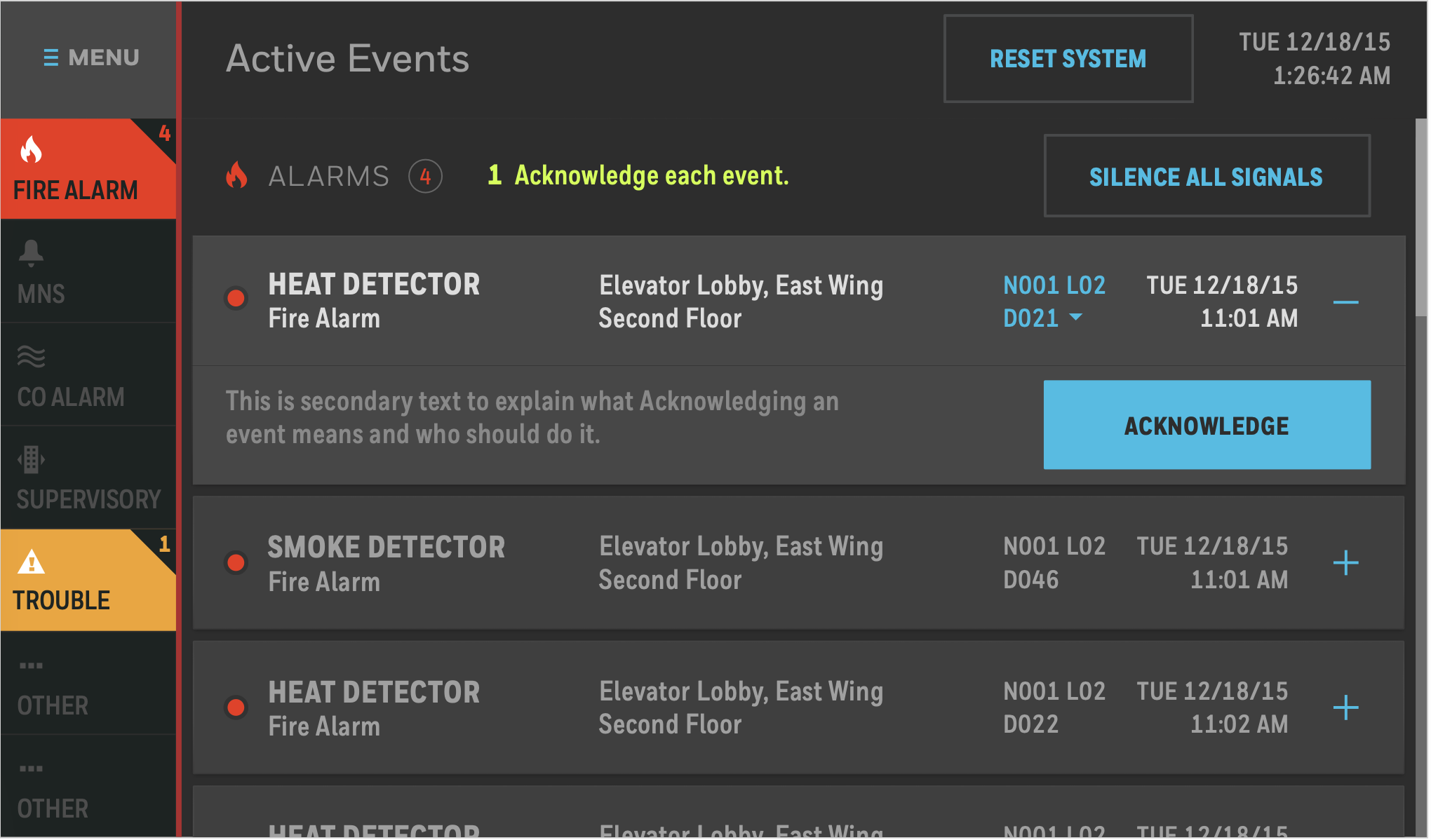 Redesigned Notifier touchscreen interface — default alarm state with Active Events screen and contextual controls