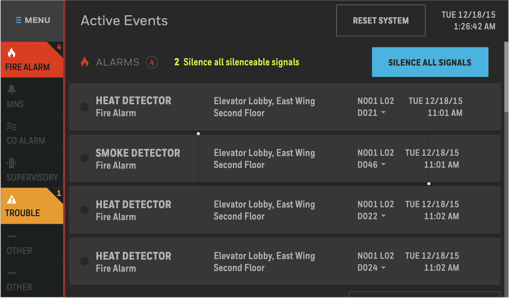 Redesigned Notifier touchscreen interface — expanded alarm event showing inline device detail, location, status, and acknowledge action on one screen