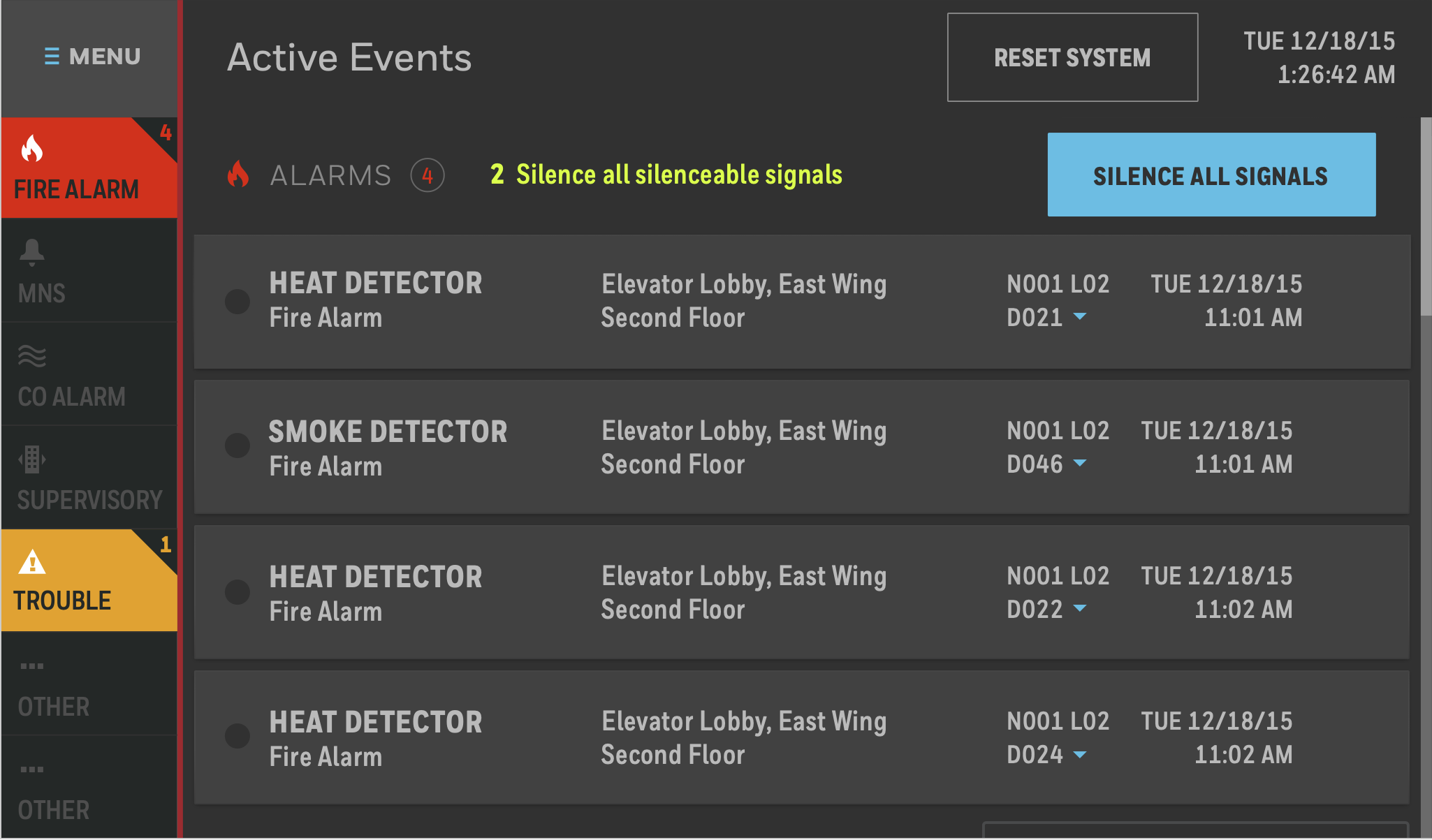 Redesigned Notifier touchscreen interface — Active Events screen with contextual controls