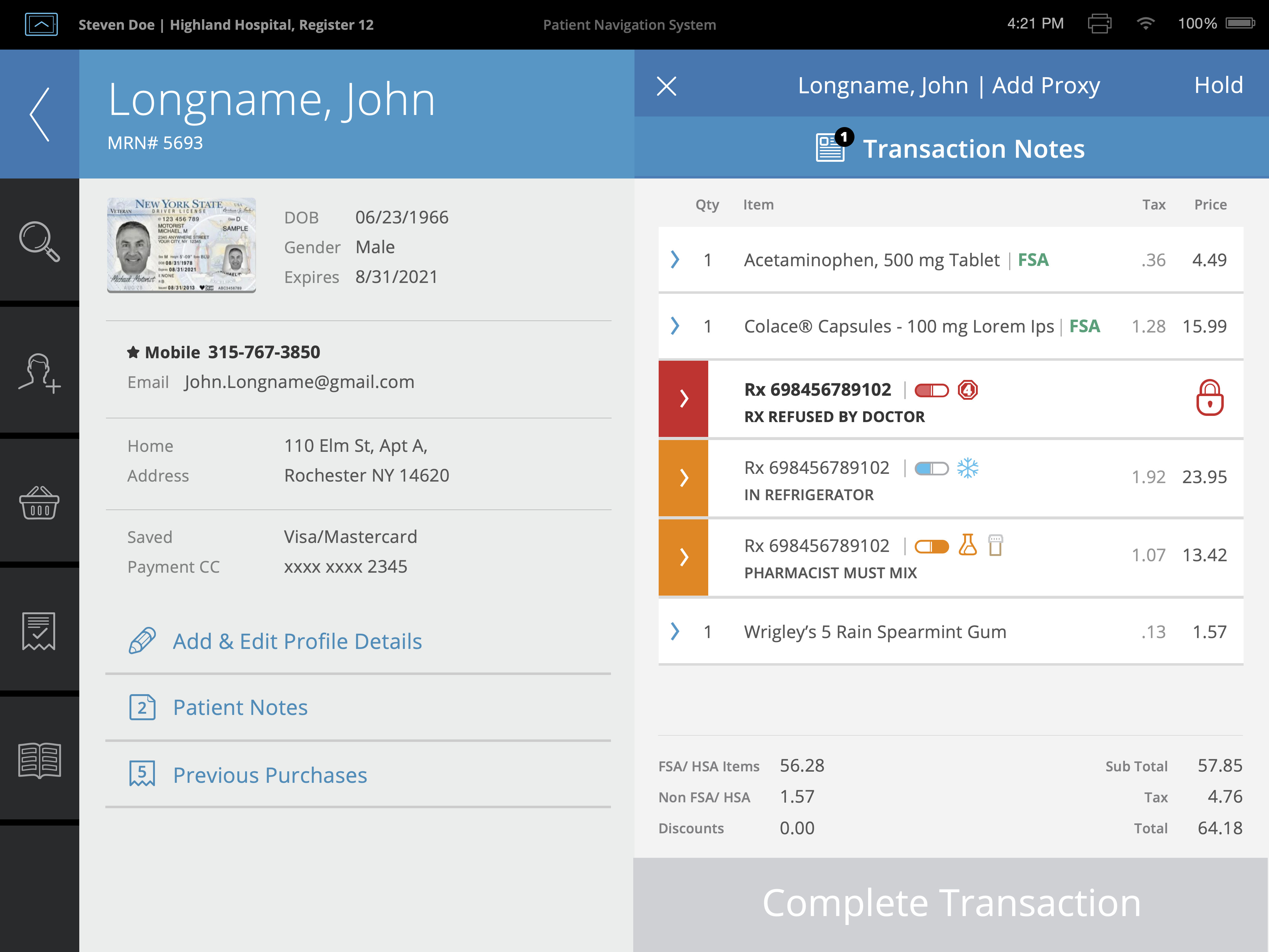 Final pharmacy design overview showing patient context, the active prescription workspace, basket and payment totals, a blocked medication status, and the completion action.