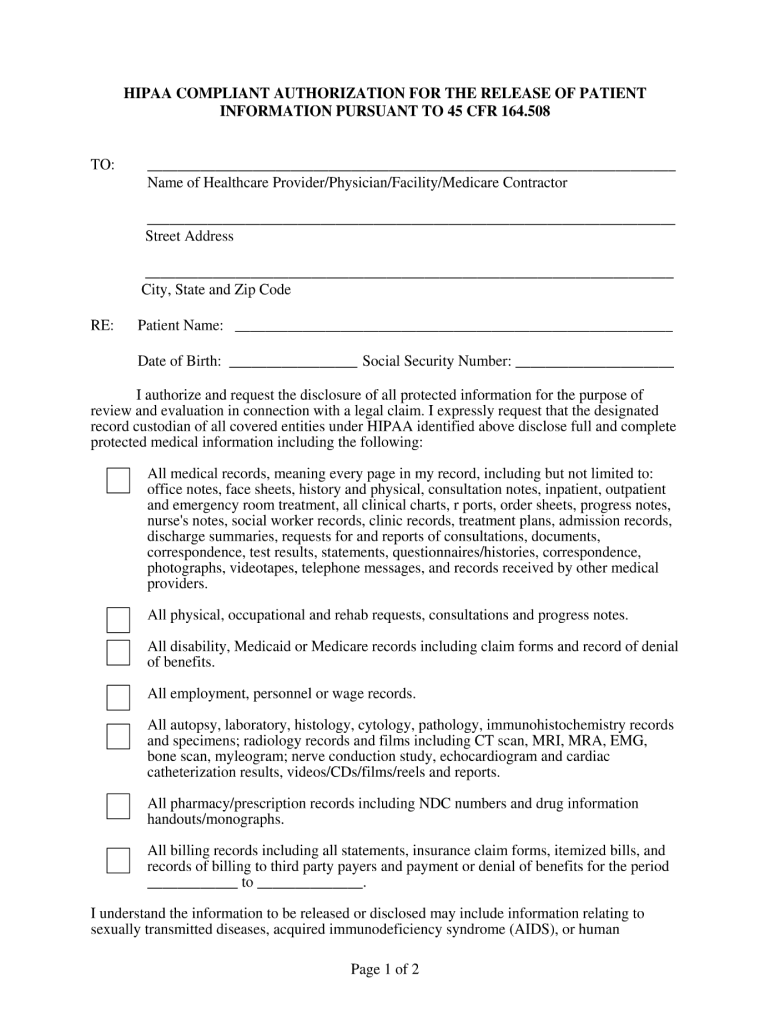 Blank HIPAA patient-information authorization form