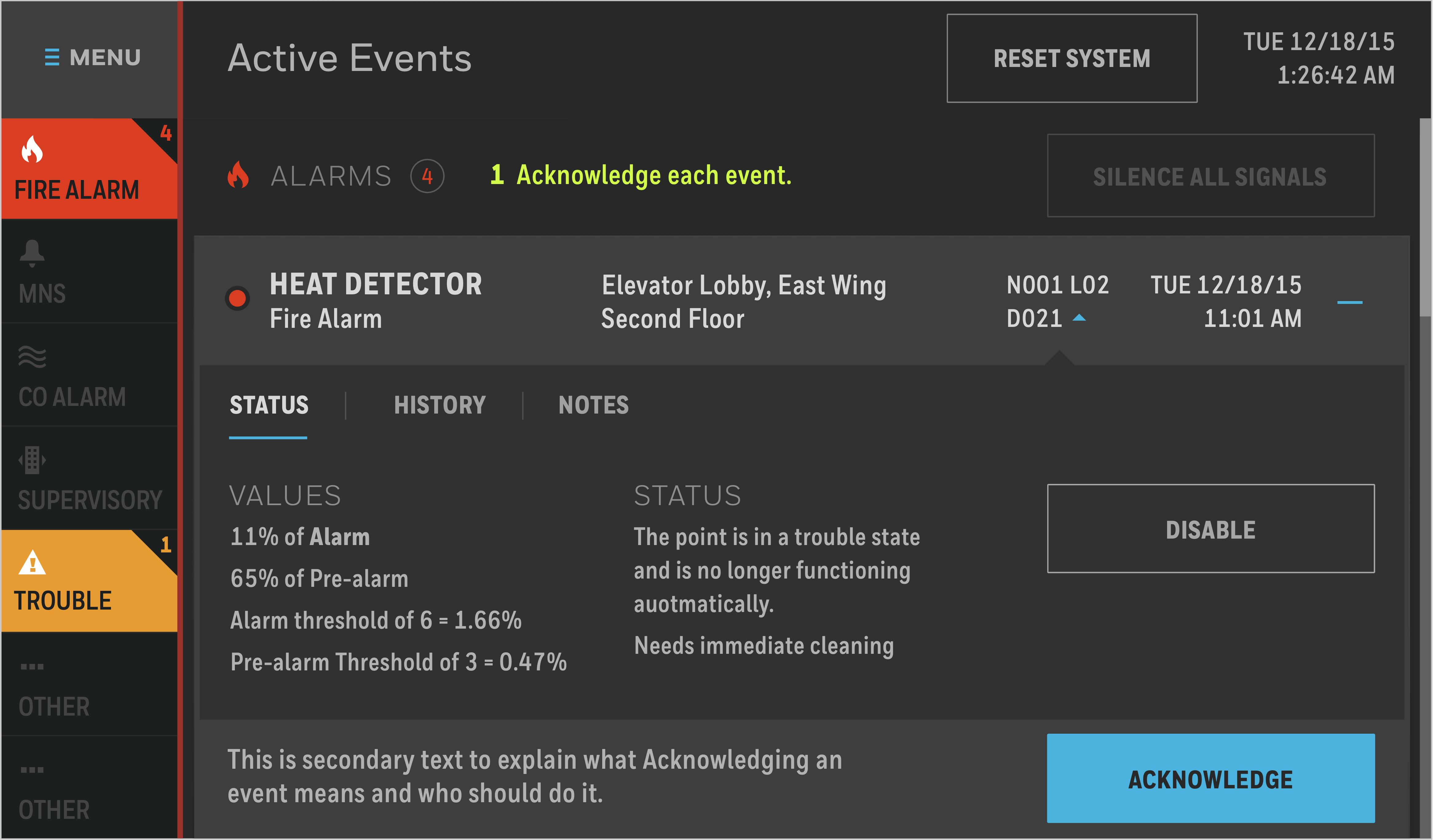 Redesigned Active Events screen — event expanded inline showing device, location, status, and Acknowledge action together on one screen