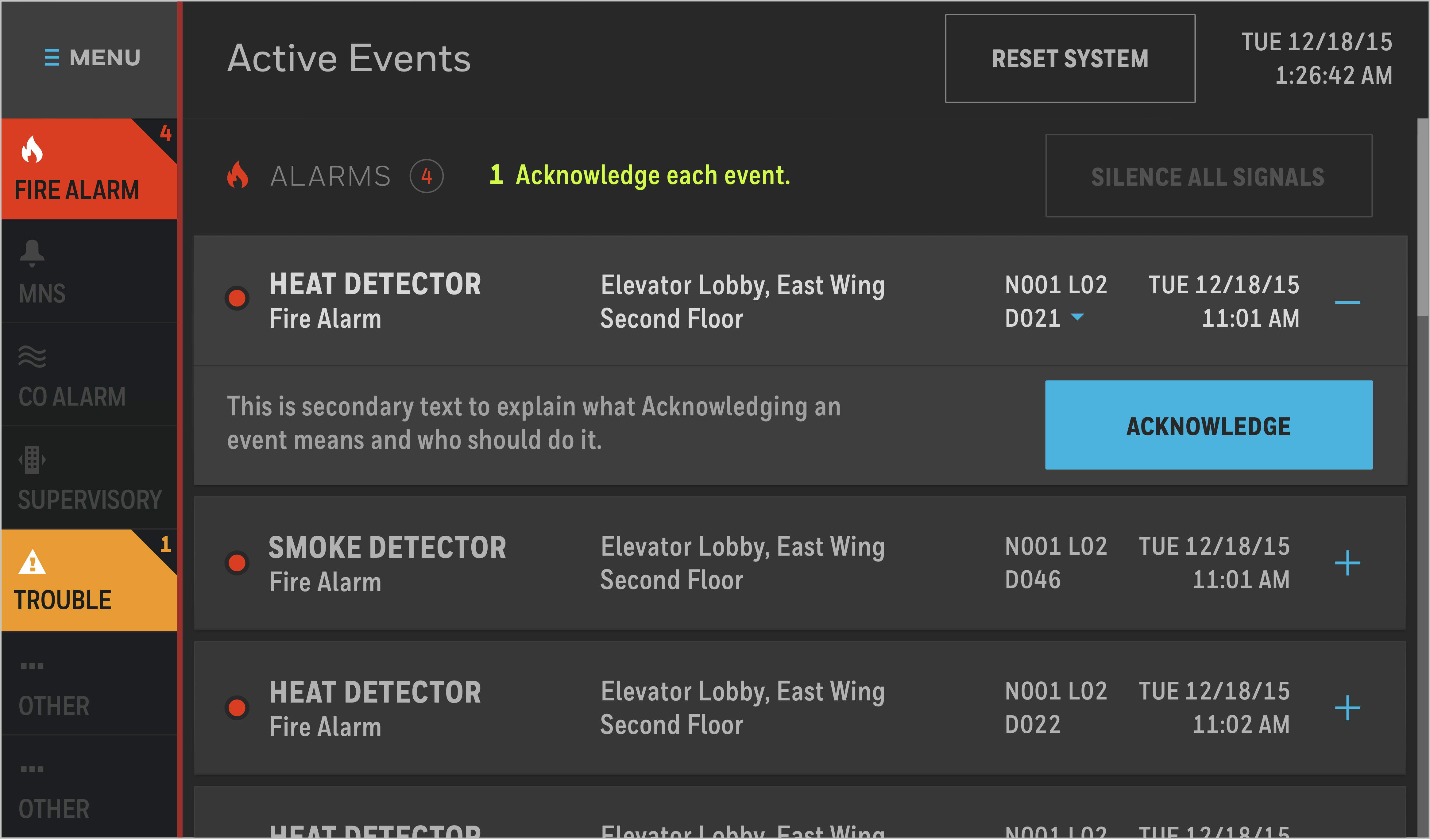 Redesigned Active Events screen — collapsed view with active alarms surfaced at the top and alarm state visible