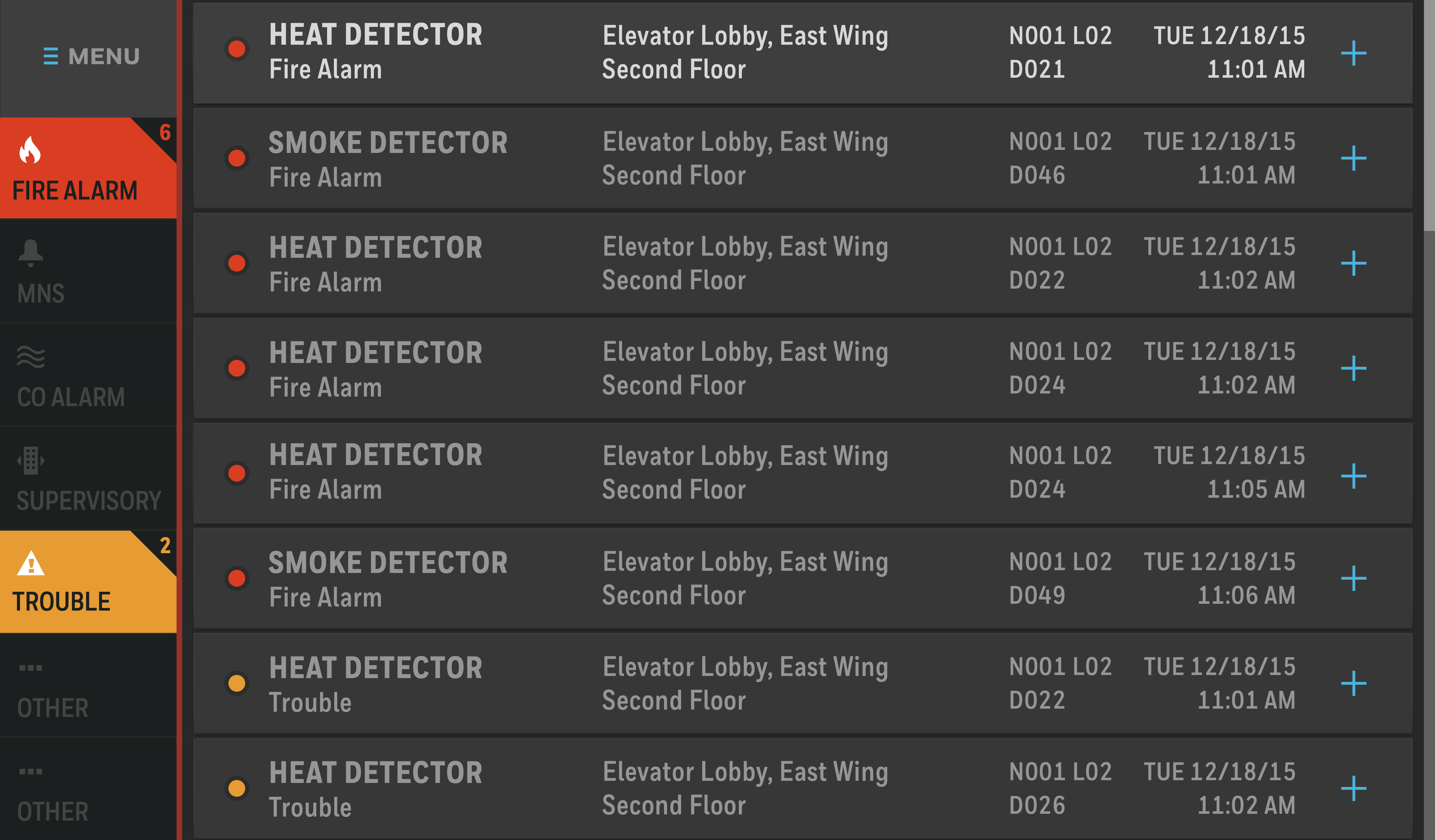 Final Notifier touchscreen UI showing the Active Events list with prioritized fire alarm and trouble entries, persistent left-side navigation organized by event category, and point-level detail available per row
