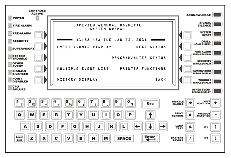 Legacy Notifier fire alarm control panel — physical keypad and indicator lights