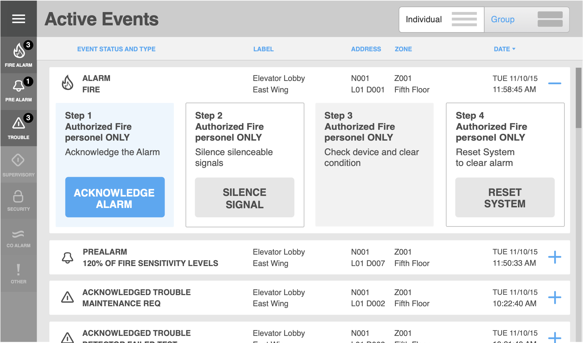 Mid-fidelity wireframe used in comparative concept testing — point-centric Active Events list with expanded alarm row showing inline response steps