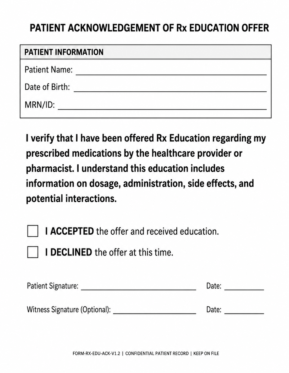 Blank patient acknowledgement form for a pharmacist consultation offer
