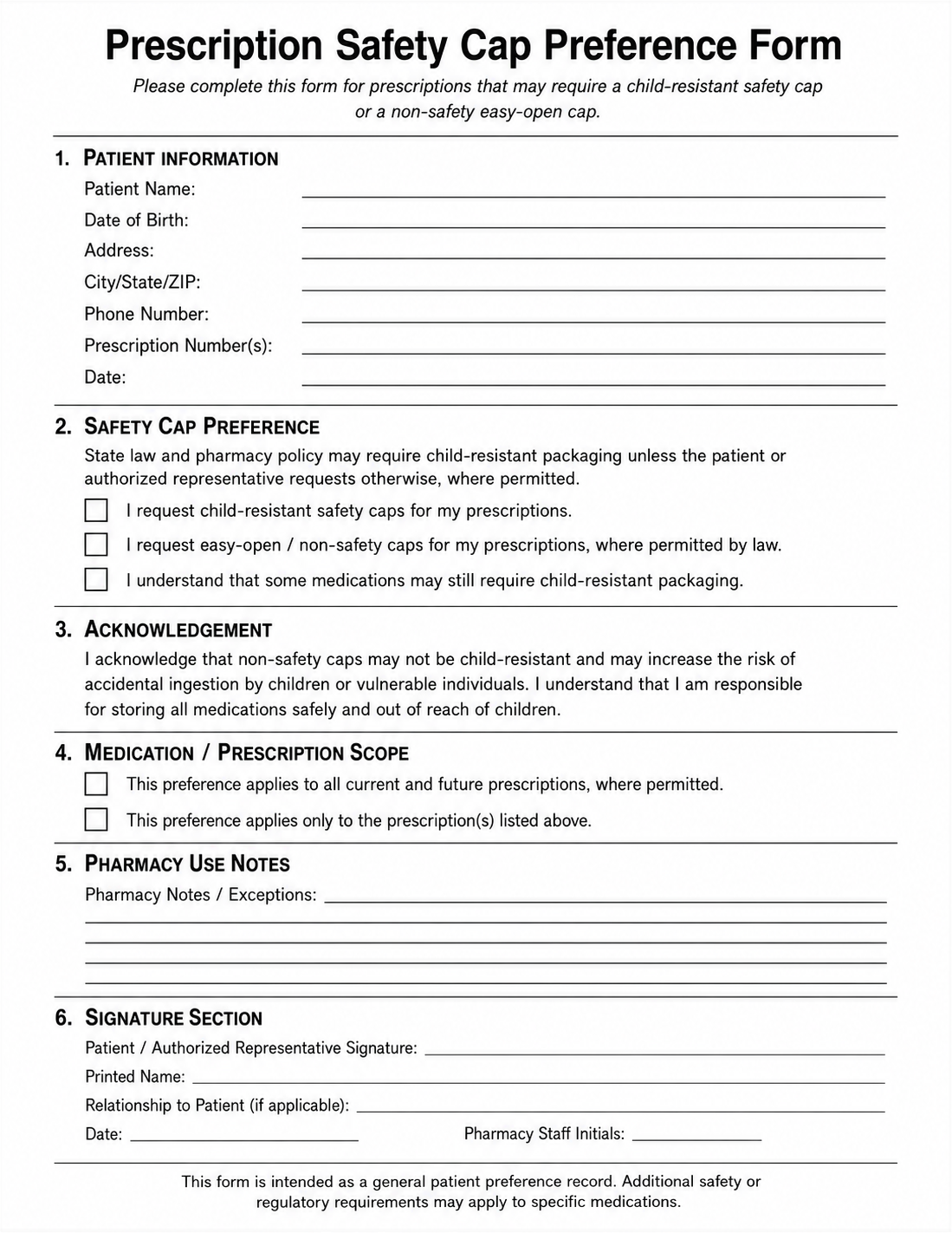 Generic illustrative prescription safety-cap preference form representing a paper acknowledgement handled outside the prior digital workflow